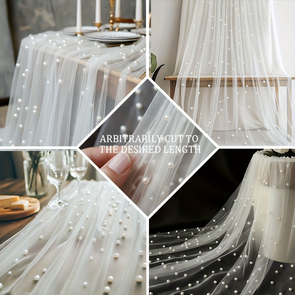 White Pearl-Embellished Sheer Tulle Fabric Roll in 160 x 300 cm Size for Backdrops and Table Decor
