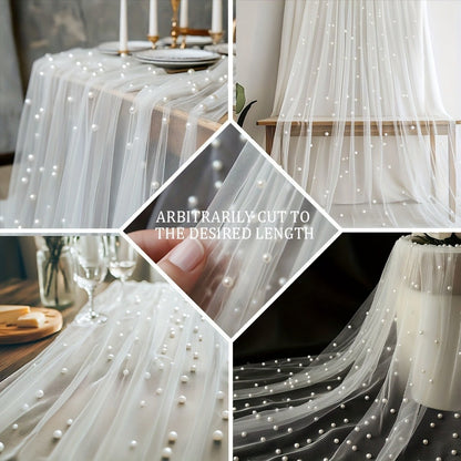 White Pearl-Embellished Sheer Tulle Fabric Roll in 160 x 300 cm Size for Backdrops and Table Decor