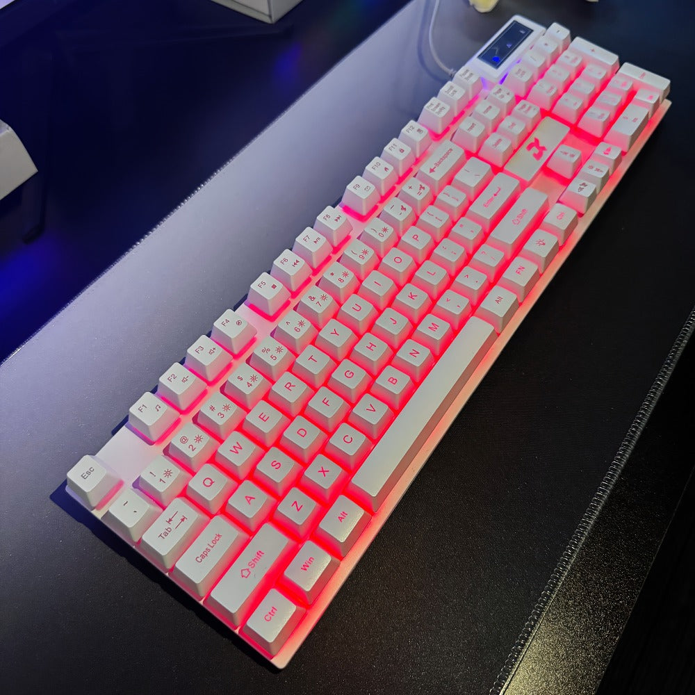White Wired Keyboard and Mouse Set with Floating Keycaps, Volume Roller and Multiple Backlight Effects