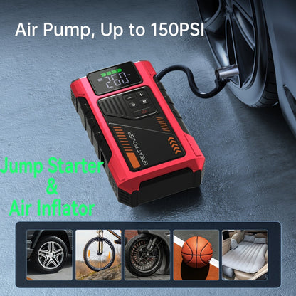 12V Jump Starter with 4000A Marking, 150 PSI-Labeled Air Compressor, Digital Pressure Display and Two Black Color Options