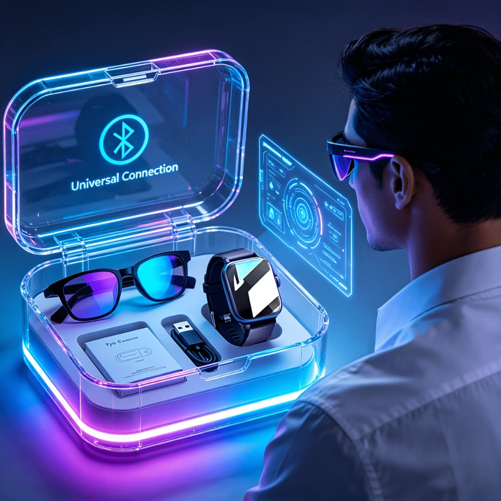 AI Translation Smart Glasses and Smartwatch Set 2026 Real-Time Multi-Language Photo Translation Built-In Mic Speaker Calling Music Full Touch Wearable Tech Bundle Men Women Black Pink Silver