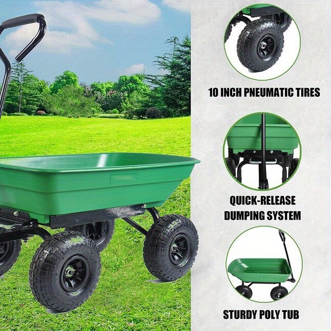 Garden Cart Heavy Duty Steel Yard Wagon 220 Lb Capacity Dump Cart with 10 Inch Pneumatic Tires All Terrain Utility Cart for Lawn Farm Gardening Green