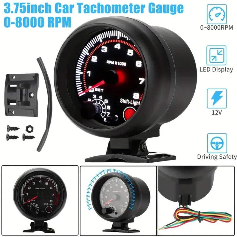 Car Tachometer Gauge 12V 0-8000 RPM 3.75 Inch - LED Shift Light, ABS Black Dial for 4 6 8 Cylinder Petrol Engines, Universal Fit with Accessories Kit
