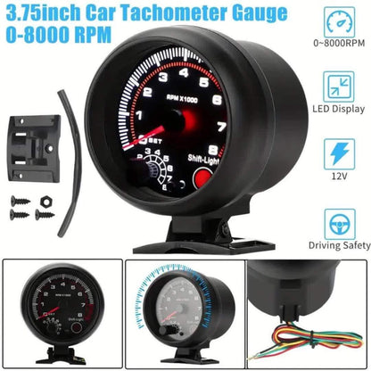 Car Tachometer Gauge 12V 0-8000 RPM 3.75 Inch - LED Shift Light, ABS Black Dial for 4 6 8 Cylinder Petrol Engines, Universal Fit with Accessories Kit