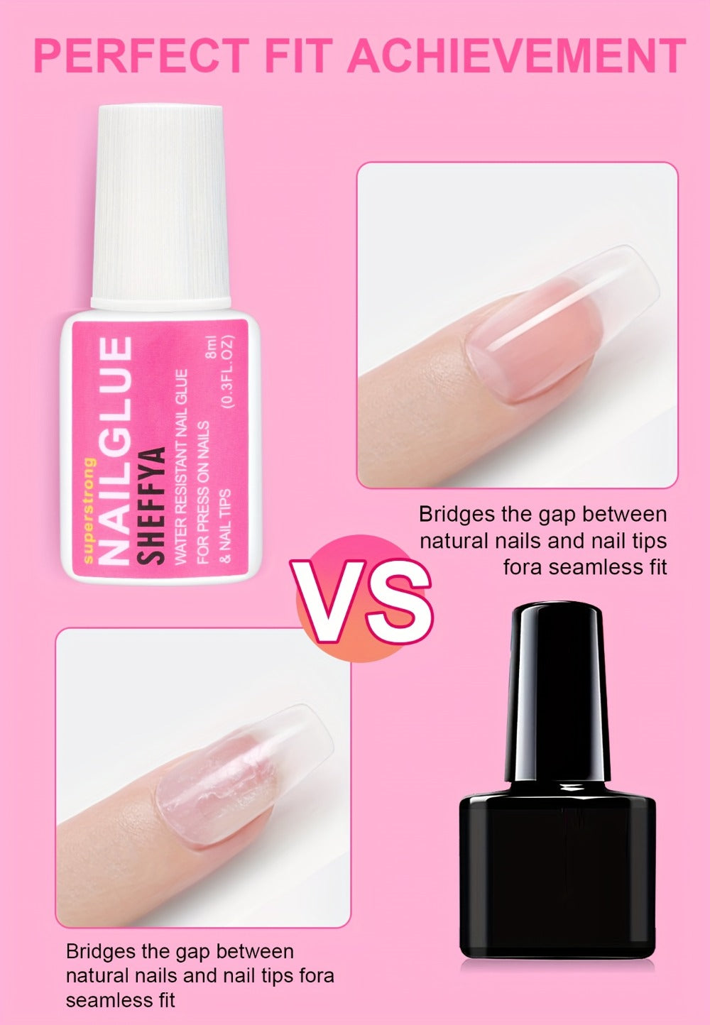 Nail Glue Set, 8ml Brush-On Bottles in 2-, 5- or 10-Piece Options with SHEFFYA Package and EMNAGLUE Bottle Markings