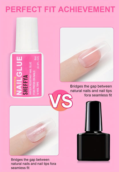 Nail Glue Set, 8ml Brush-On Bottles in 2-, 5- or 10-Piece Options with SHEFFYA Package and EMNAGLUE Bottle Markings
