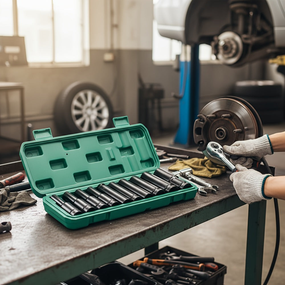 1/2 Inch Deep Impact Socket Set – Chrome Vanadium Steel for Tire Removal, Mechanical Repairs & Car Maintenance | Compatible with Electric & Pneumatic Impact Drills | Green & Black Case