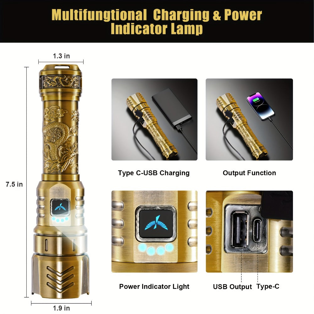 Tactical LED Flashlight 5000mAh Rechargeable Zoomable with Ignition Lens – 4 Modes High Brightness Golden Dragon Pattern Spotlight for Camping Outdoor Hiking Emergency Household Use