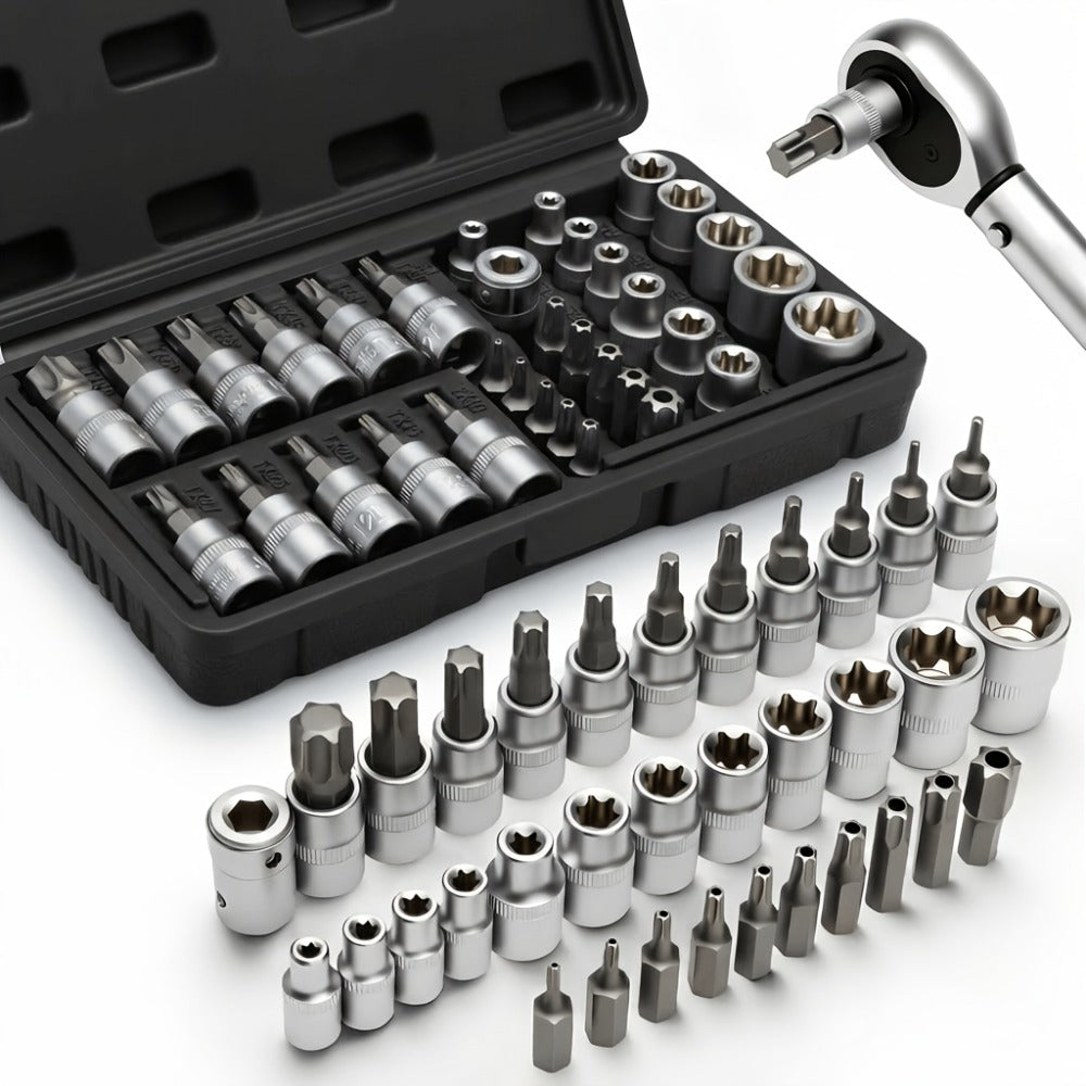 Torx Star Bit Socket Set 34/46-Piece - 3/8" Drive CR-V E-Socket E4-E20, T10-T60, Tamper-Proof TT10-TT55, S2 Steel, 5/16"F to 3/8"M Adapter, Storage Case - For Car, Truck & Home Improvement