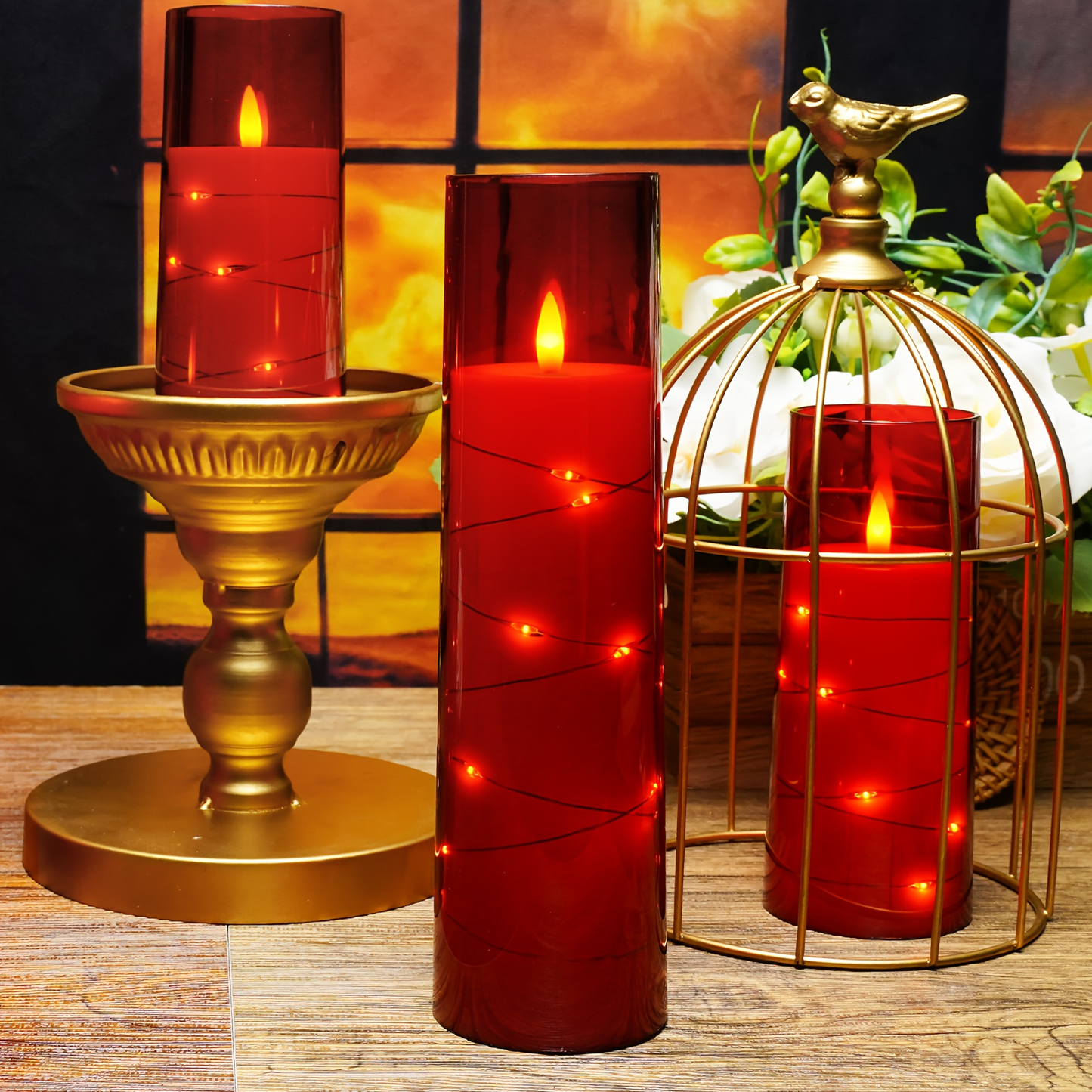 Flameless LED Candles with Remote Control Timer and Star String Lights Set of 5 or 7 Pillar Candles for Wedding Garden Home Decor Anniversary Gift Grey Ivory Gold Red