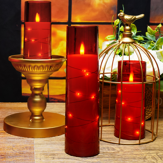 Flameless LED Candles with Remote Control Timer and Star String Lights Set of 5 or 7 Pillar Candles for Wedding Garden Home Decor Anniversary Gift Grey Ivory Gold Red