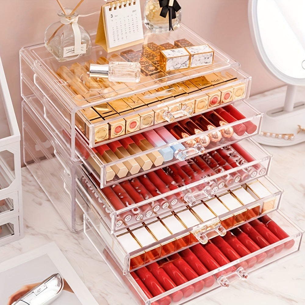 Clear Acrylic Makeup Organizer 5-Tier with Drawers Dustproof Cosmetic Storage for Lipstick Foundation Brushes Skincare — No Installation Vanity Bathroom Office Desk