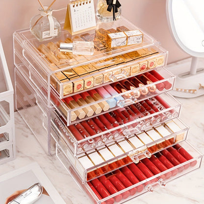 Clear Acrylic Makeup Organizer 5-Tier with Drawers Dustproof Cosmetic Storage for Lipstick Foundation Brushes Skincare — No Installation Vanity Bathroom Office Desk