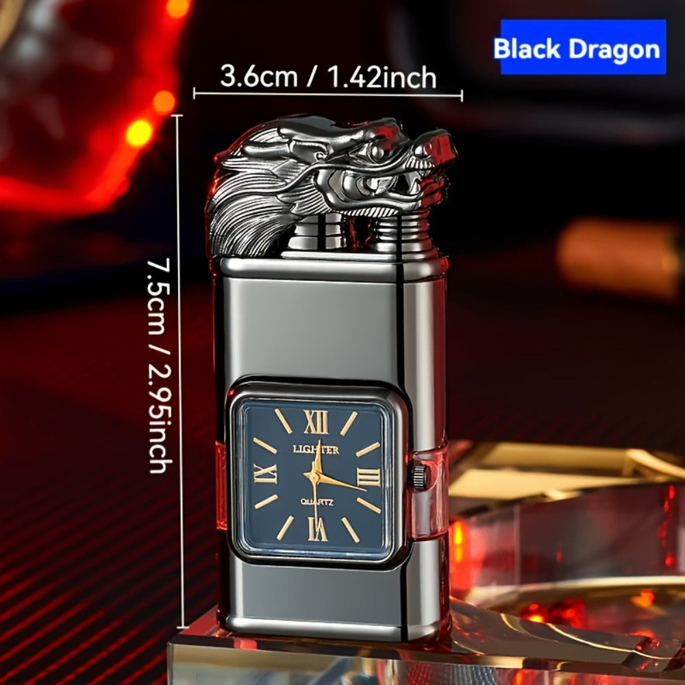 Quartz-Dial Torch Lighter with Rectangular Black Body and Three Sculpted Top Style Options