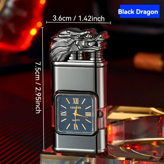 Double Flame Torch Lighter for Men – Windproof Refillable Butane Lighter with Vintage Quartz Dial, Zinc Alloy Body, Gift Box Included, Outdoor Camping BBQ Survival, Unique Engraved Style (Butane Not Included)