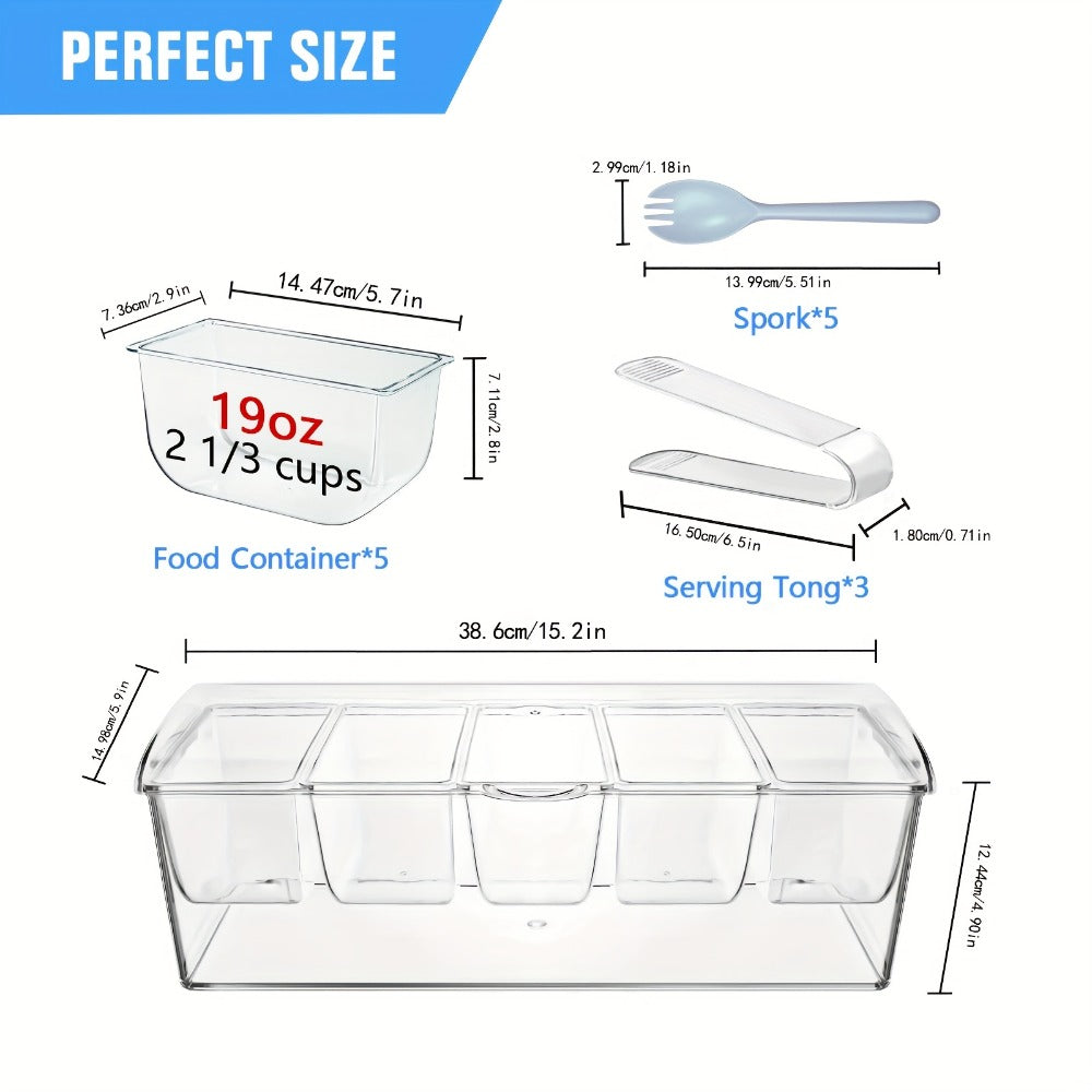 Bar Serving Tray on Ice with 5 Compartments & Lid – Garnish Condiment Platter with 5 Forks & 3 Pliers, Clear Fruit Tray for Bar, Party & Entertaining