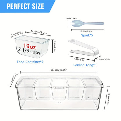Bar Serving Tray on Ice with 5 Compartments & Lid – Garnish Condiment Platter with 5 Forks & 3 Pliers, Clear Fruit Tray for Bar, Party & Entertaining