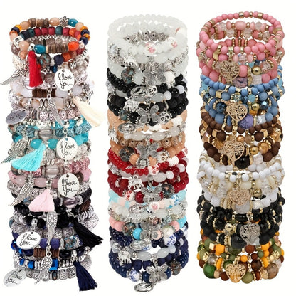 Bracelet Set, 24-Piece Assorted Wood-Bead Elastic Stack with Tassels and Pendant-Style Accents
