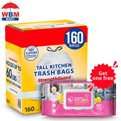 13 Gallon Kitchen Trash Bags 160 Count - Drawstring Tall Kitchen Garbage Bags Fragrance Free Leak Proof Heavy Duty