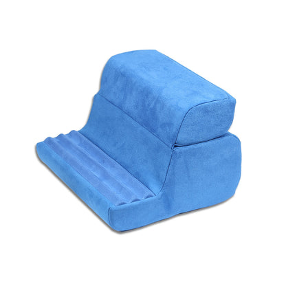 Soft Foldable Tablet Pillow Stand in Black or Blue with Three Viewing Faces, Storage Pockets and 242 × 186 × 290 mm Label