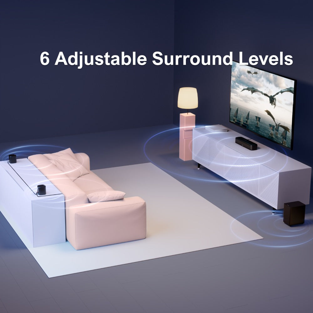 5.1 Surround Sound Bar System with Wired Subwoofer 2 Surround Speakers App Control SurroundX Technology 6 EQ Modes Optical AUX Home Theater TV Soundbar for Smart TV