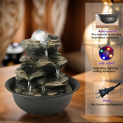Indoor Tabletop Fountain with LED Light, Rolling Crystal-Look Sphere and 8.3 x 7.9 x 7.9-Inch Stone-Look Waterfall Form
