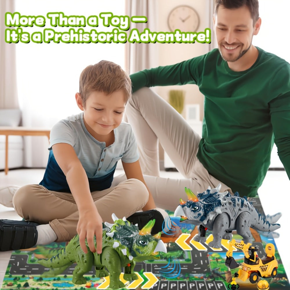Walking Triceratops Dinosaur Toy with Roaring Sound, LED Lights and Green, Gray or Two-Piece Options