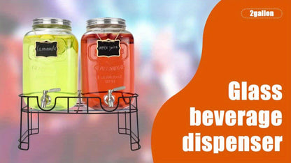 Glass Beverage Dispenser Set with Stand, 1-Gallon Square Glass Drink Dispenser with Stainless Steel Spigot & Ice Tube, Leak-Proof Lemonade Dispenser for Kitchen, Parties, Camping, 2pcs