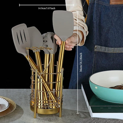 38-Piece Gold-Tone Silicone and Steel Kitchen Utensil Set with Holder, Measuring Tools and Accessories