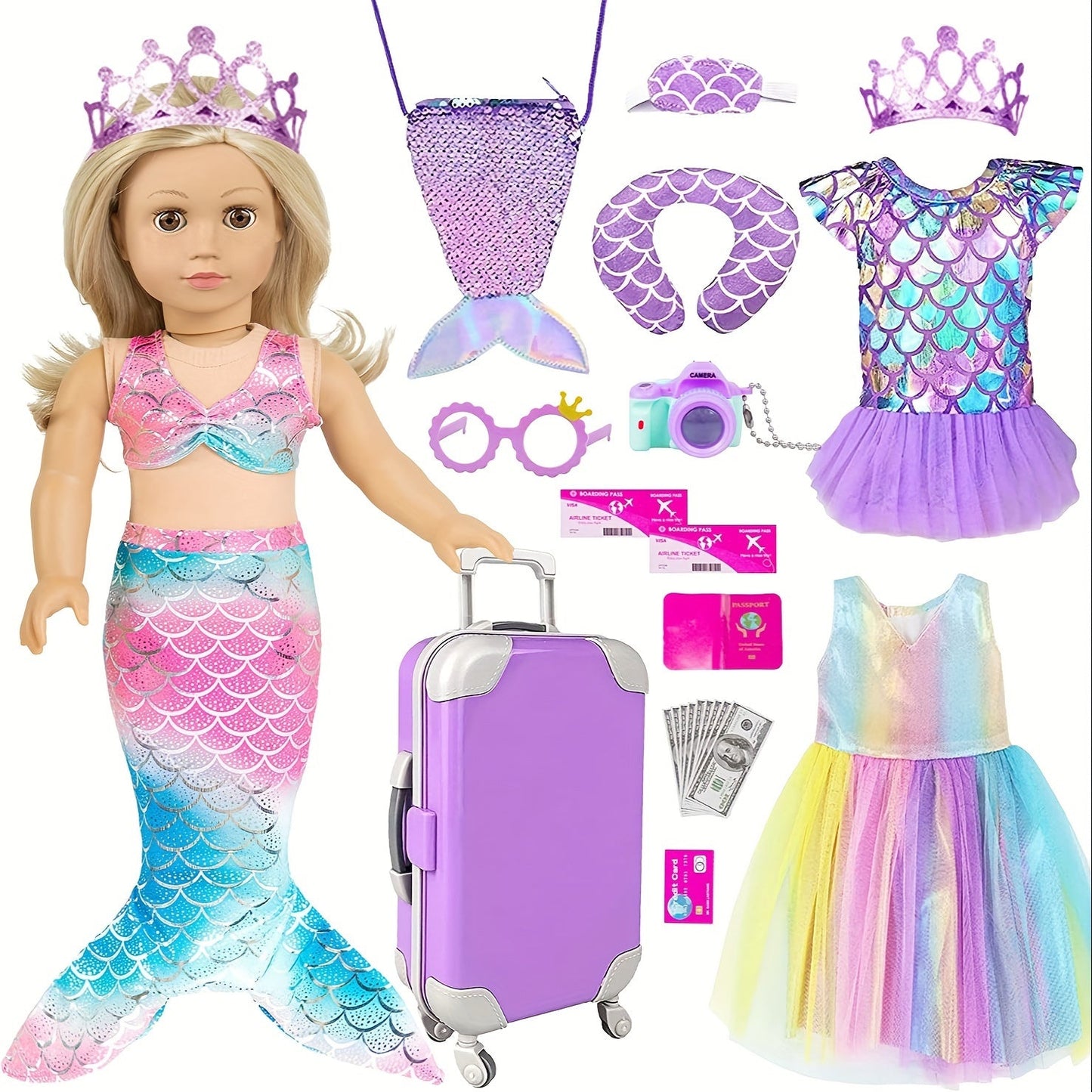 Twenty-Piece Mermaid Travel Accessory Set for 18-Inch Dolls with Purple Suitcase, Skirts and Crown