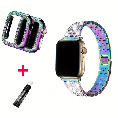 Rhinestone Diamond Bling Apple Watch Band for Women Girls – Five-Point Diamond Double-Row Crystal Strap Compatible with Apple Watch Ultra 2 Series 10 9 8 7 6 5 4 3 2 1 SE 38 40 41 42 44 45 49mm Gift