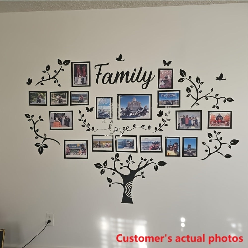 Family Tree Acrylic-Look Wall Decal and Photo Frame Collage with Leaf Shapes, Family and Love Text