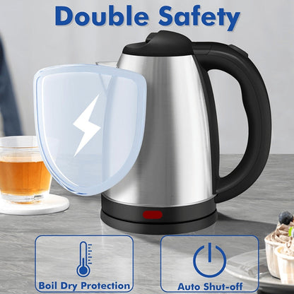 Electric Kettle by LONGADS, 2L 1000W Stainless Steel Body with Seamless Interior and Black Trim