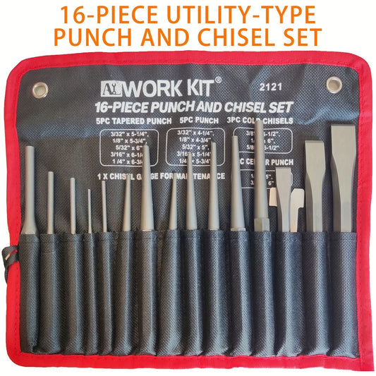 Punch and Chisel Set 16pcs Cr-V Steel with Taper Punch Cold Chisels Pin & Center Punches Fabric Storage Case Heavy-Duty Non-Electric Hand Tool Kit for Metalworking Woodworking Automotive DIY