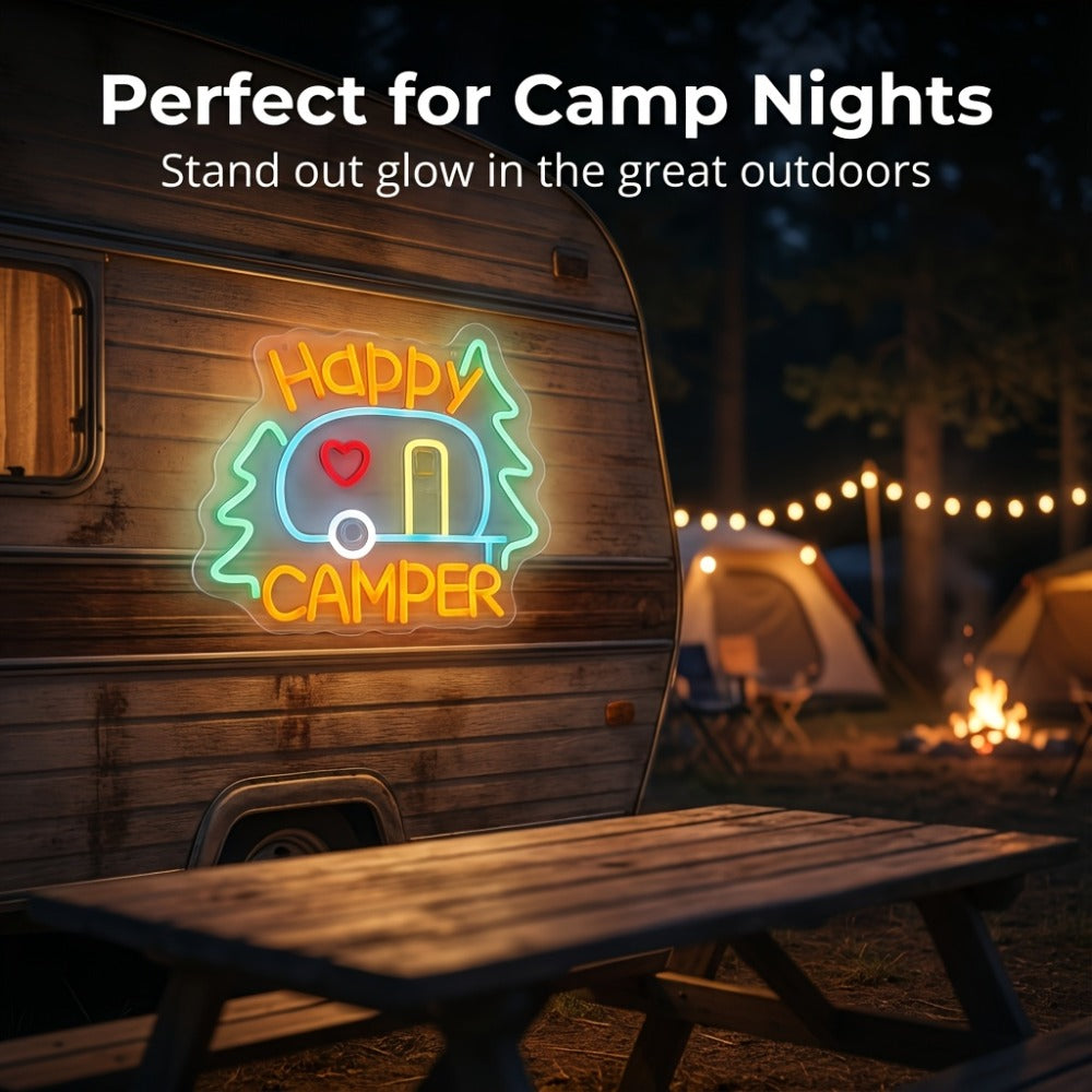 Happy Camper Multicolor LED Neon Sign with RV Motif, 32.5 x 27 cm Panel and Wall-Mount Display