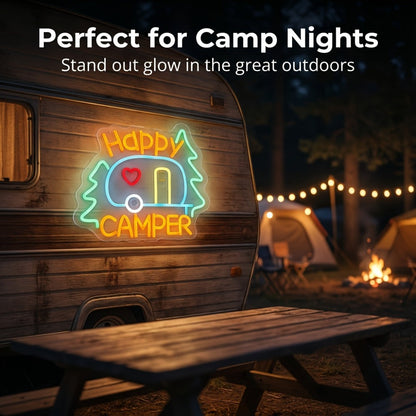 Happy Camper Multicolor LED Neon Sign with RV Motif, 32.5 x 27 cm Panel and Wall-Mount Display
