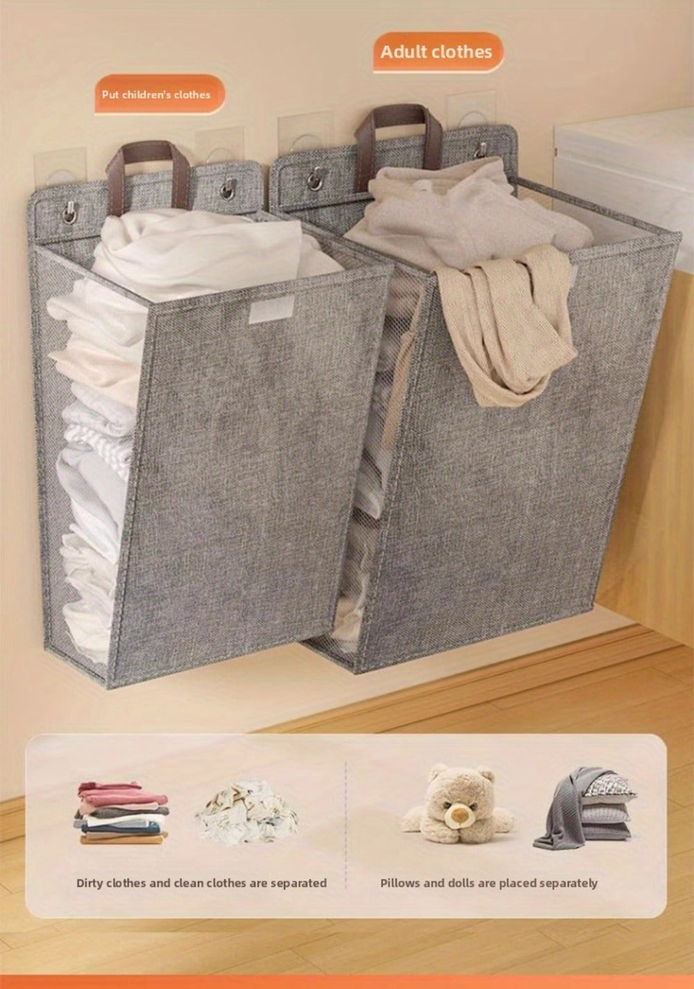 Large Gray Wall-Mounted Foldable Laundry Hamper with Lid for Bedrooms, Bathrooms and Living Rooms