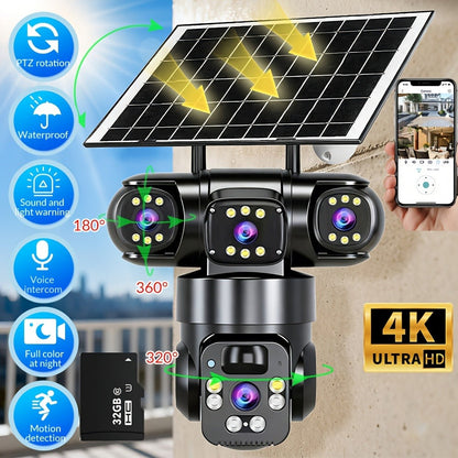 Security Camera 4K Triple-Lens Solar PTZ Model with 10X Zoom, 8000mAh Battery and 32GB Bundle Option