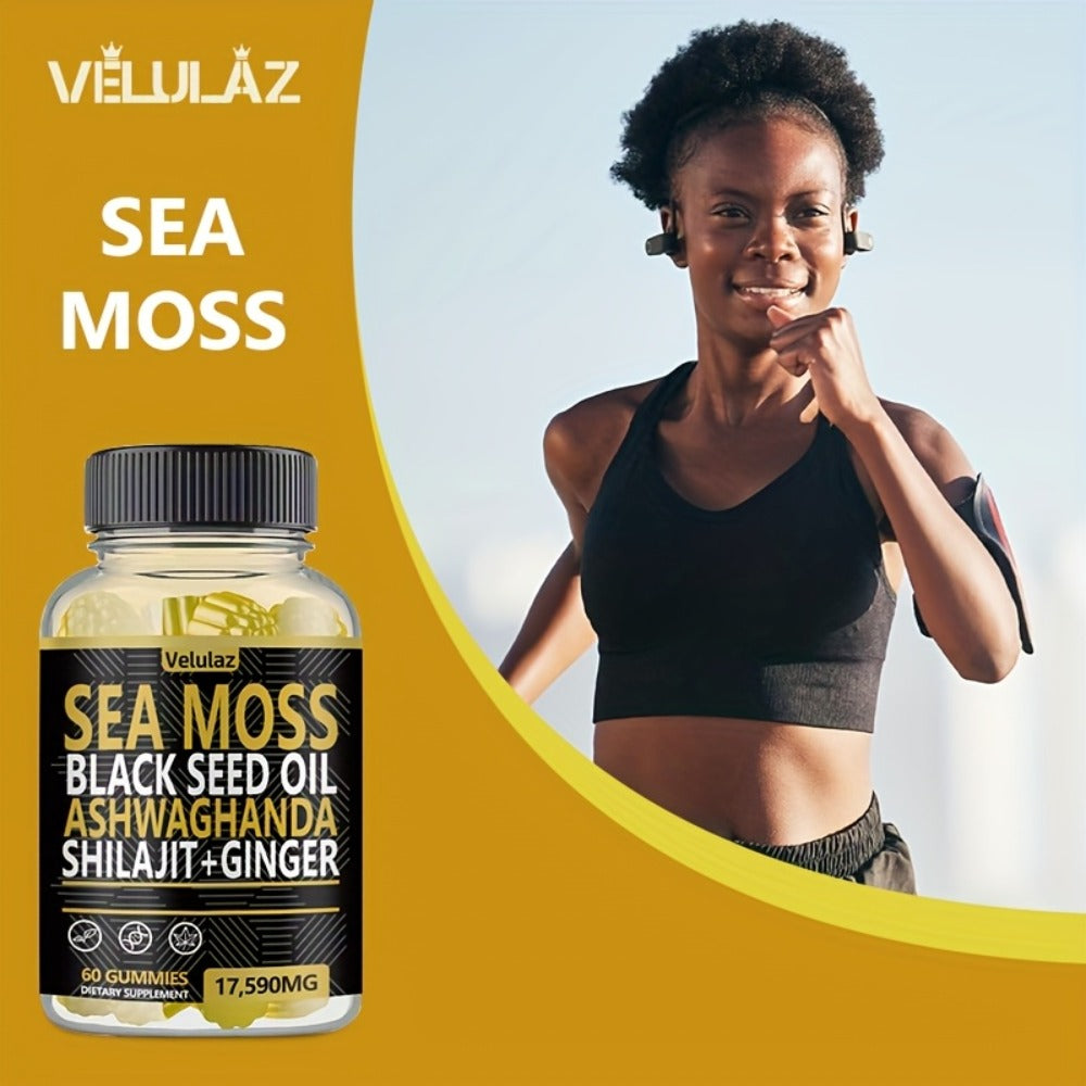 Sea Moss Herbal Gummies, 60 Count with Black Seed Oil, Ashwagandha, Shilajit and Ginger Blend