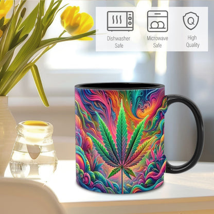 11oz Ceramic Coffee Mug with Psychedelic Leaf Print, Black Interior and Coordinating Black Handle