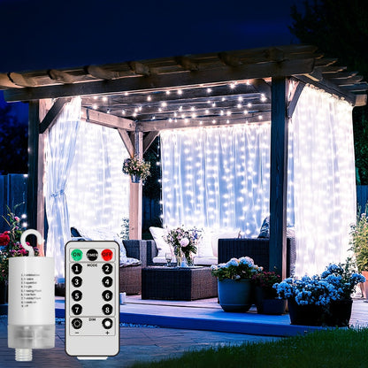 String Lights, 330-LED Waterfall Curtain Panel with Battery Power, Remote, Eight Modes and Three Colors