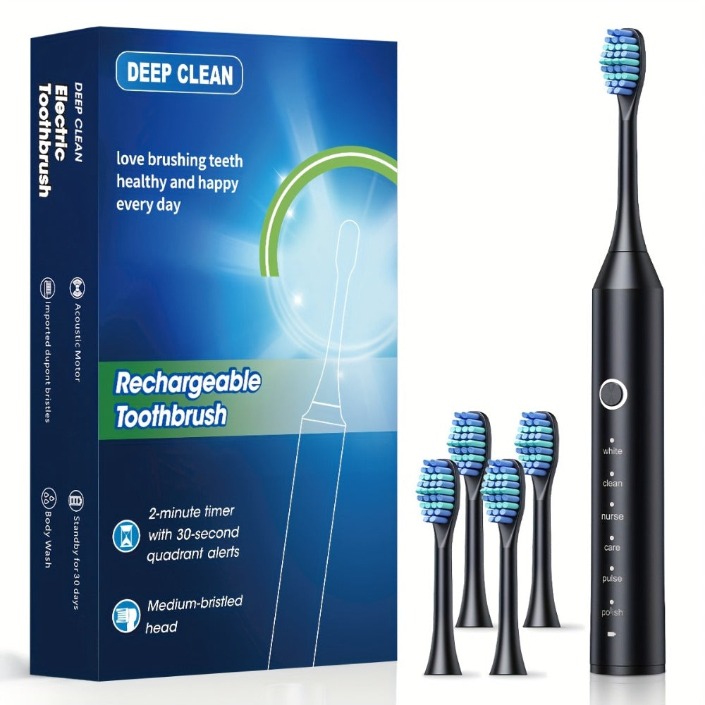 Electric Toothbrush with Six Modes, 500mAh Battery, USB Charging and Four or Eight Brush Head Bundles