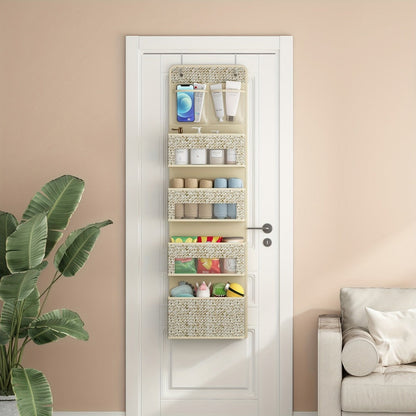 2-Pack Over-The-Door Hanging Organizer with 5 Shelves & 4 Clear Pockets – Beige Rattan Storage Rack for Closet, Bedroom & Bathroom