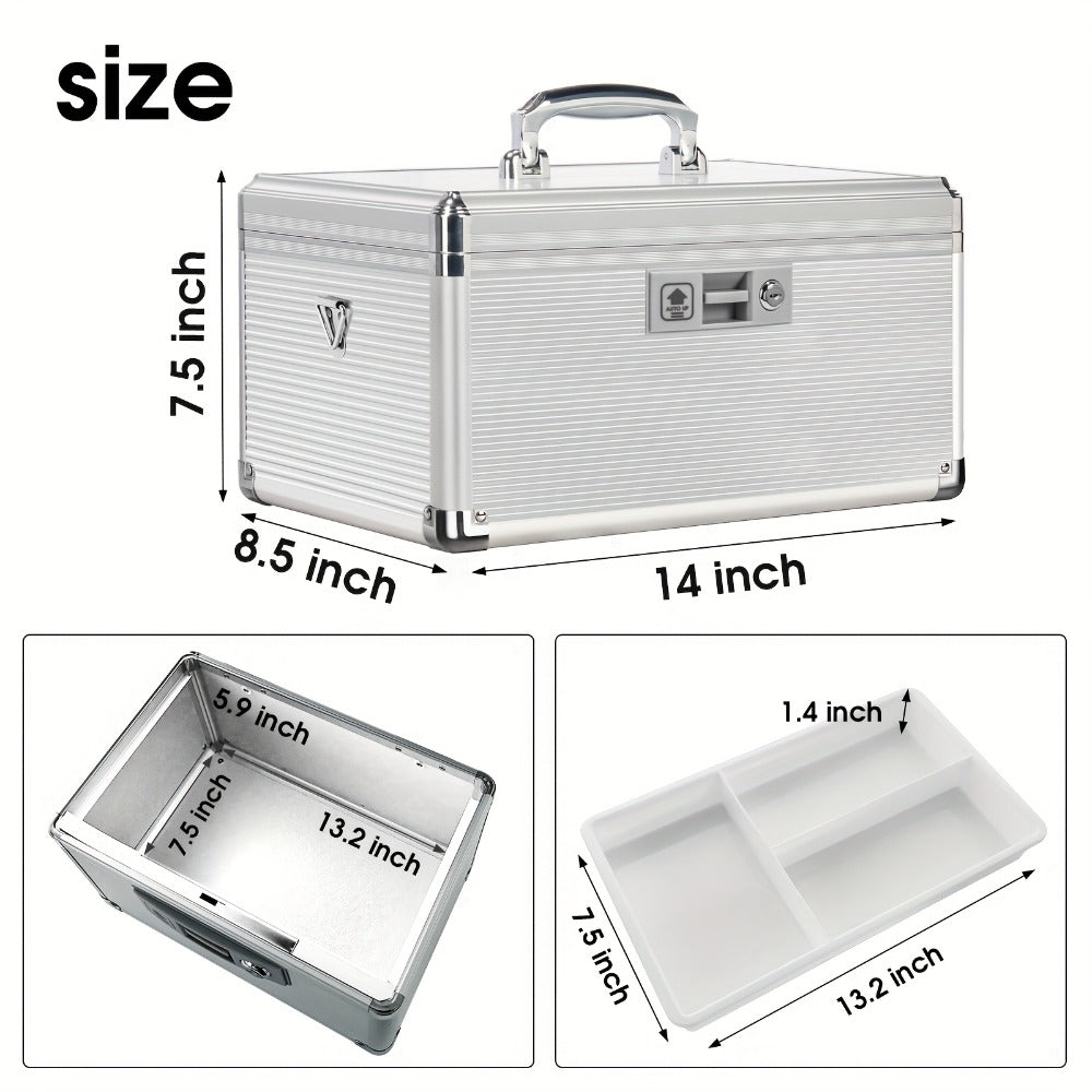Aluminum Alloy Lockable Medicine Box – Double Layer Large Capacity Storage Box with Key Lock, Handle & Tray for Medicines, Documents & Valuables, 10"/12"/14"/16" Home Security Box