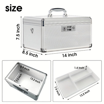 Aluminum Alloy Lockable Medicine Box – Double Layer Large Capacity Storage Box with Key Lock, Handle & Tray for Medicines, Documents & Valuables, 10"/12"/14"/16" Home Security Box