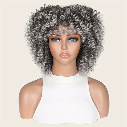 Afro Kinky Curly Wig for Black Women Short Synthetic Hair with Bangs 180% High Density Natural Fluffy Curls Stretch Cap Daily Wear Party Cosplay Fits All Head Sizes