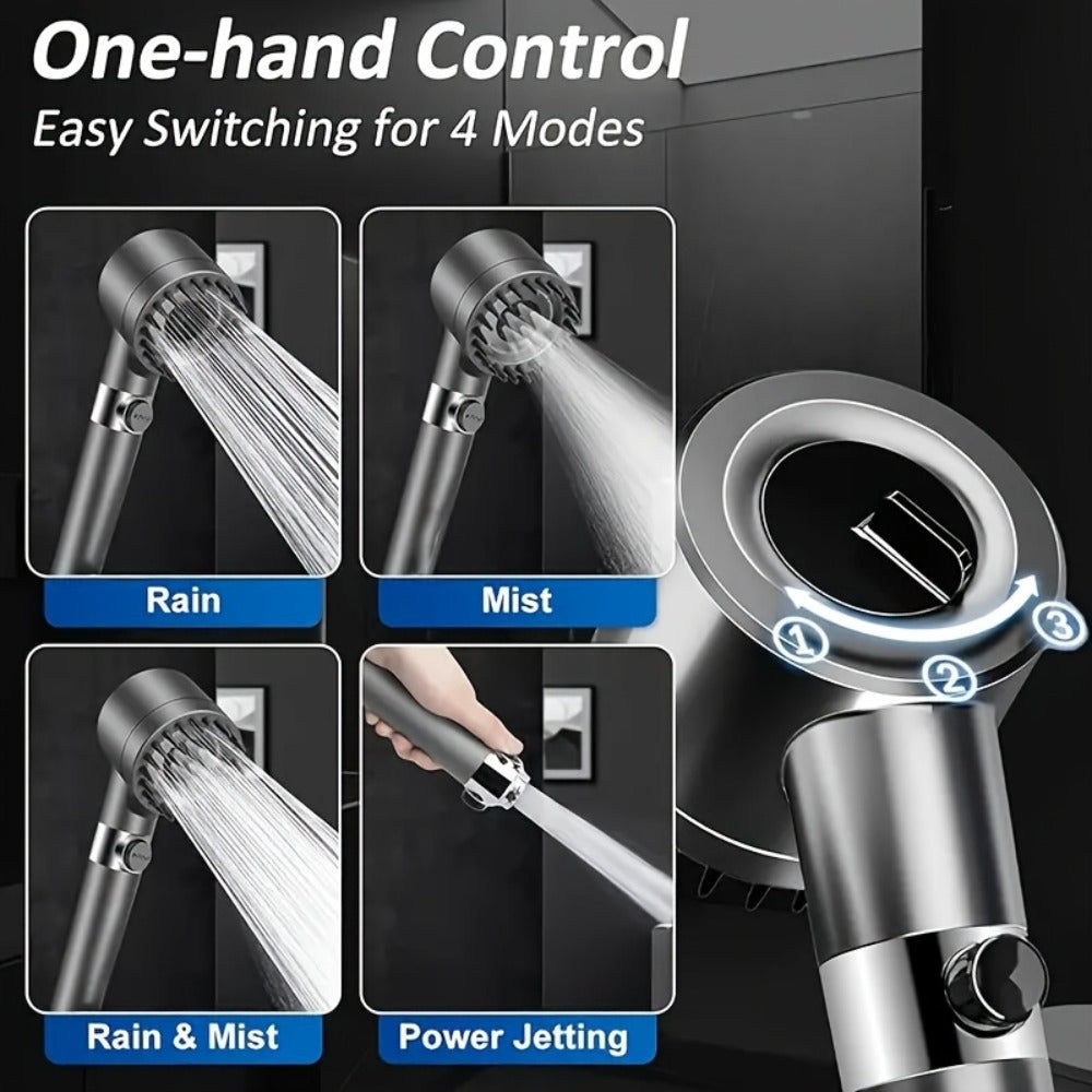 Four-Piece High-Pressure Wall-Mount Shower Head Set with Turbine Spray, Six Filters and 68-Inch Hose