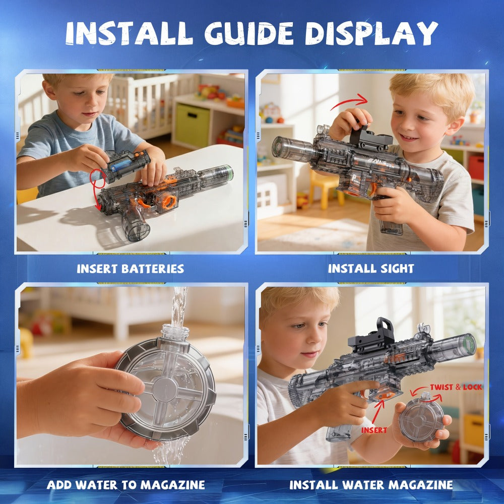 Electric Water Blaster with Detachable Round Reservoir, Sight Accessory and Black or Blue Body