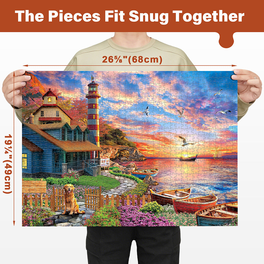 Adult Jigsaw Puzzle Three-Pack with Three 1000-Piece Designs: Sunset Lighthouse, Bird Crochet and Moroccan Pottery