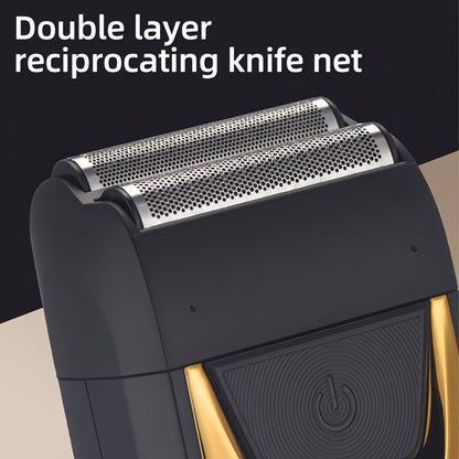 Golden-and-Black Electric Foil Shaver with Rectangular Head, Front Display and Charging Stand